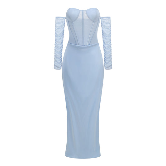 Long Sleeve Draped Mesh Bustier Maxi Dress Blue HV3179