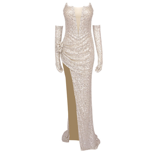 Strapless Sequin Pearl Maxi Dress Gold