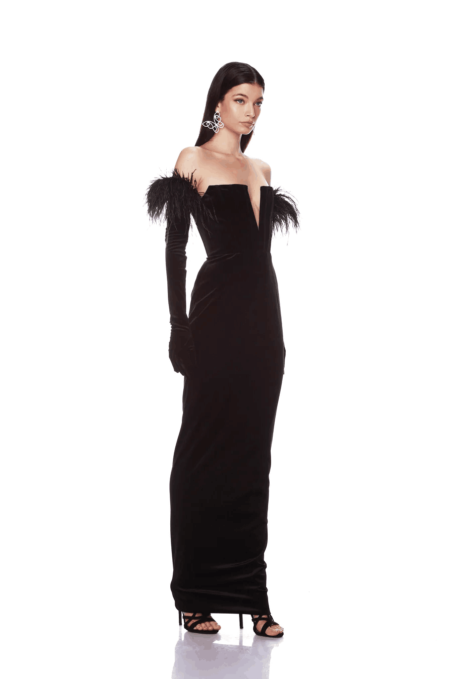 Long Sleeve Feather Corset Maxi Dress Black HV9958