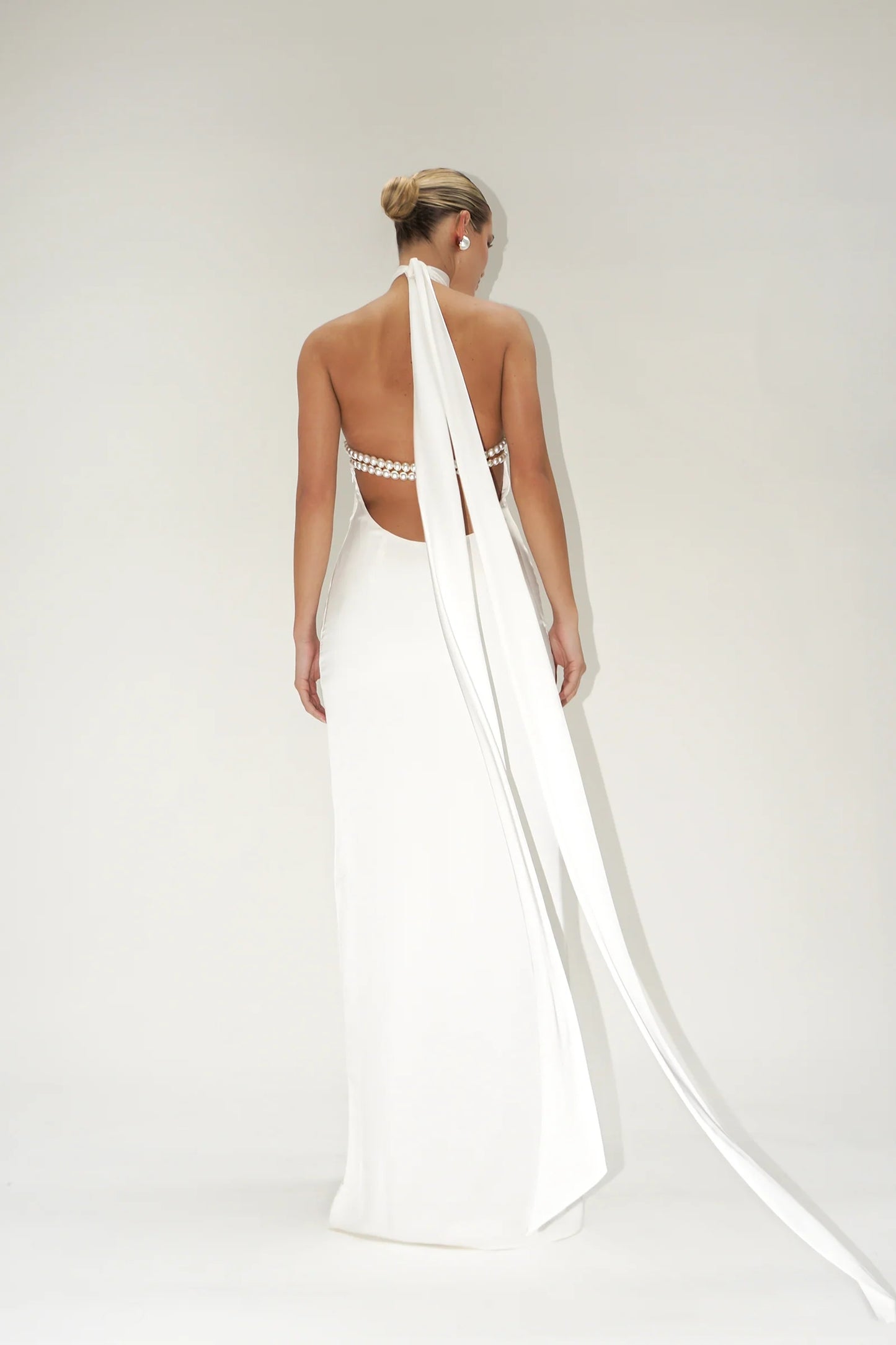 Halter Pearl Detail Backless Maxi Dress White HV1534