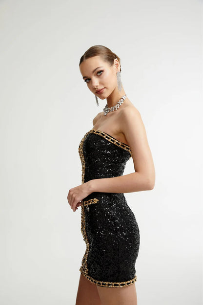 Strapless Sequin Dress Black Gold