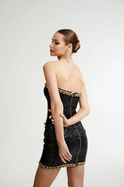 Strapless Sequin Dress Black Gold