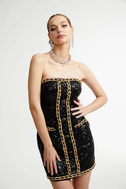 Strapless Sequin Dress Black Gold