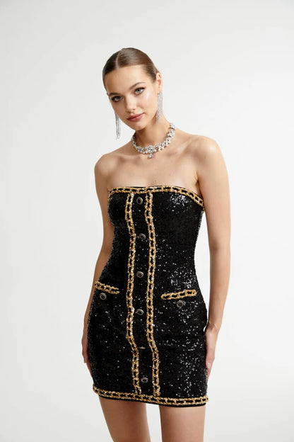 Strapless Sequin Dress Black Gold