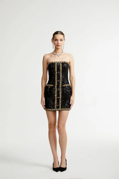 Strapless Sequin Dress Black Gold