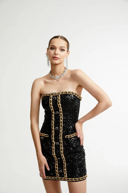 Strapless Sequin Dress Black Gold