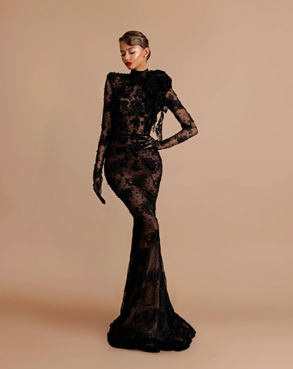 Long Sleeve Lace Backless Maxi Dress Black Nude HV2903