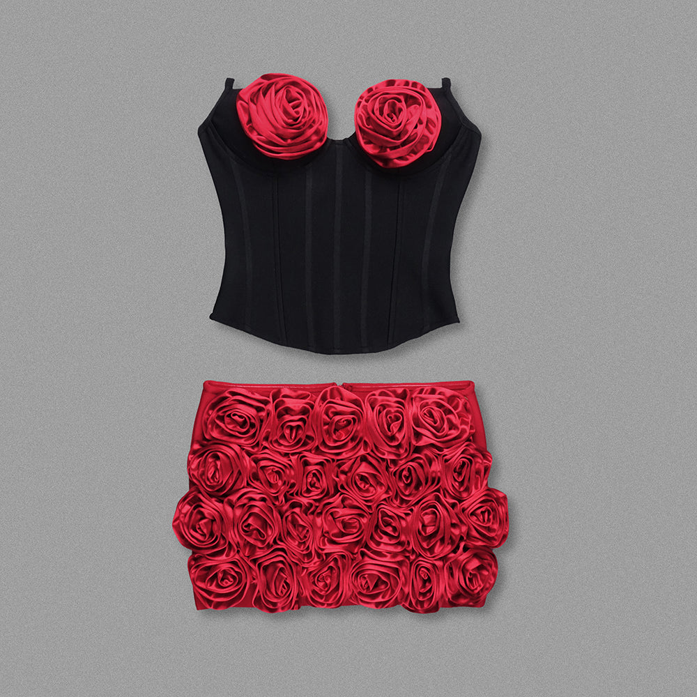 Strapless Floral Two Piece Corset Dress Black Red HV1953