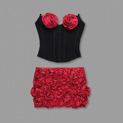 Strapless Floral Two Piece Corset Dress Black Red HV1953