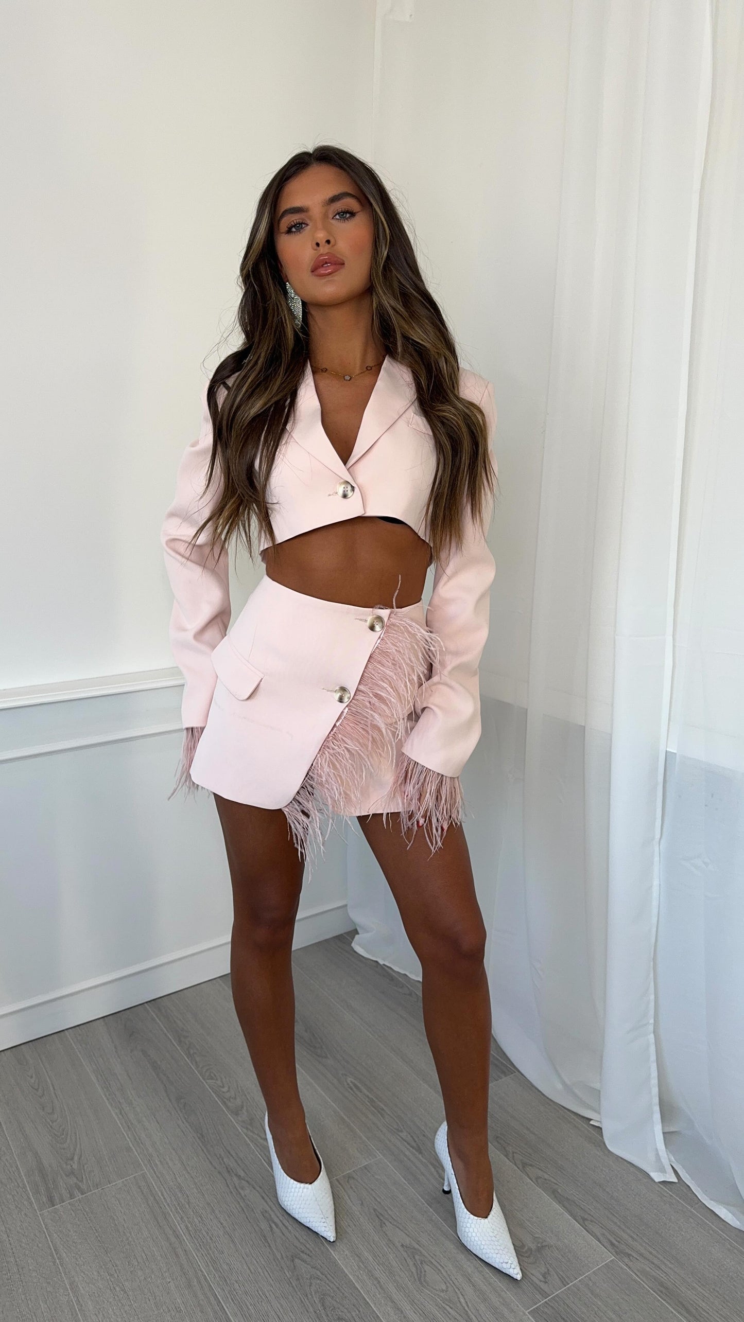 Long Sleeve Feather Two Piece Dress Pink HV1261