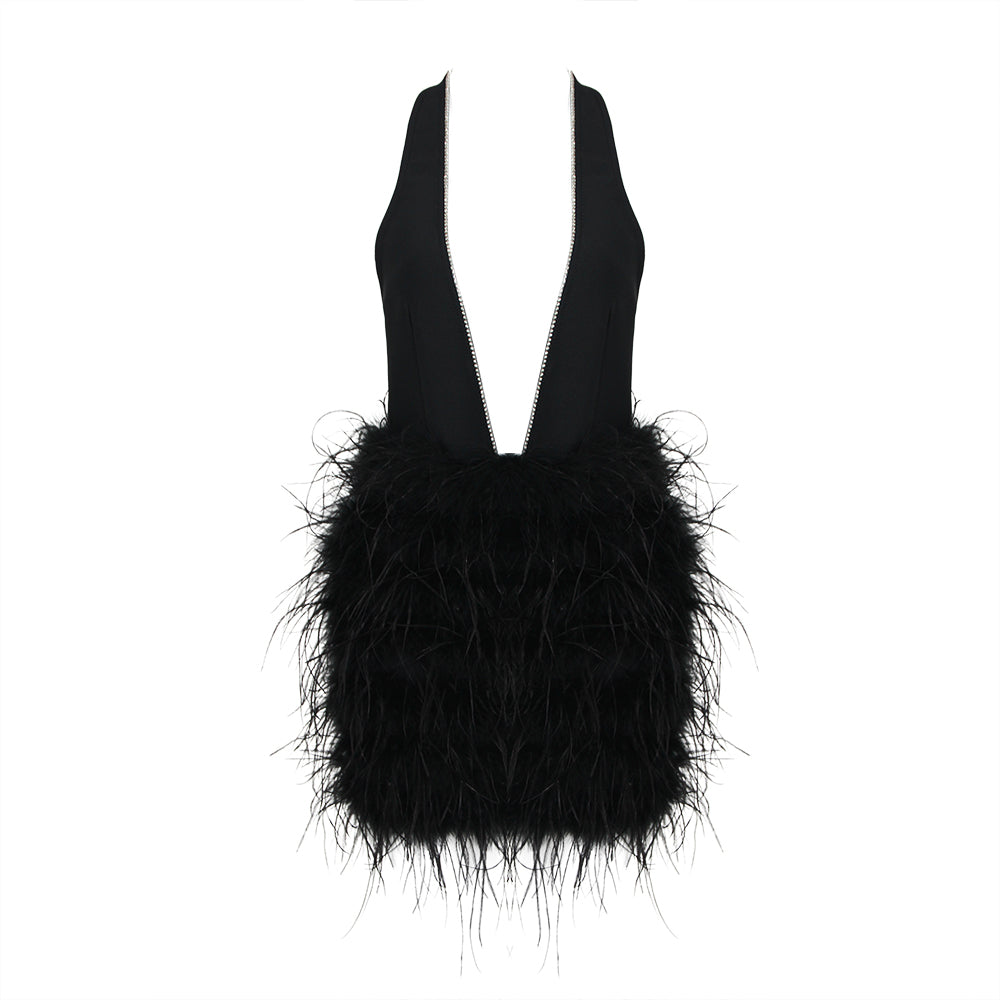 Halter Crystal Feather Dress Black HV1189