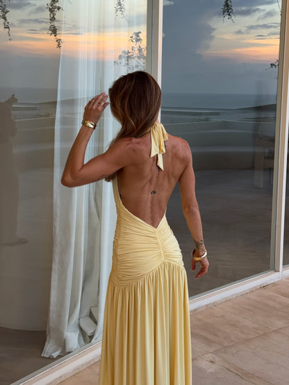 Halter Corset A Line Maxi Dress Yellow HV2960