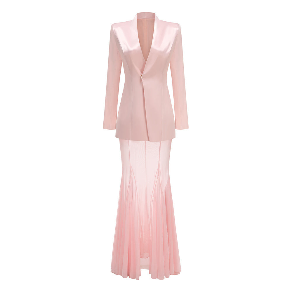 Long Sleeve Mesh Maxi Two Piece Dress Pink HV2572