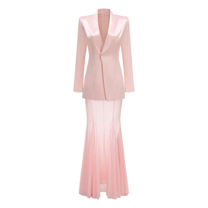 Long Sleeve Mesh Maxi Two Piece Dress Pink HV2572