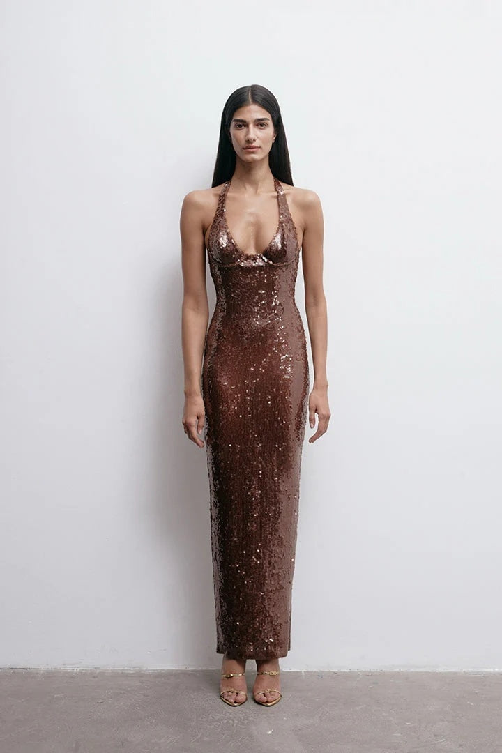 Halter Sequin Maxi Dress Brown HV2390