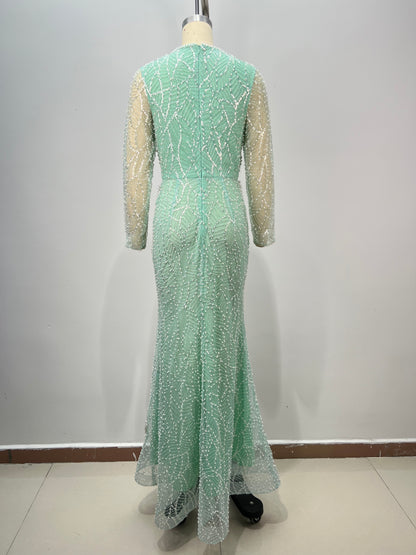 Long Sleeve Pearl Sequin Maxi Dress Green HV2859