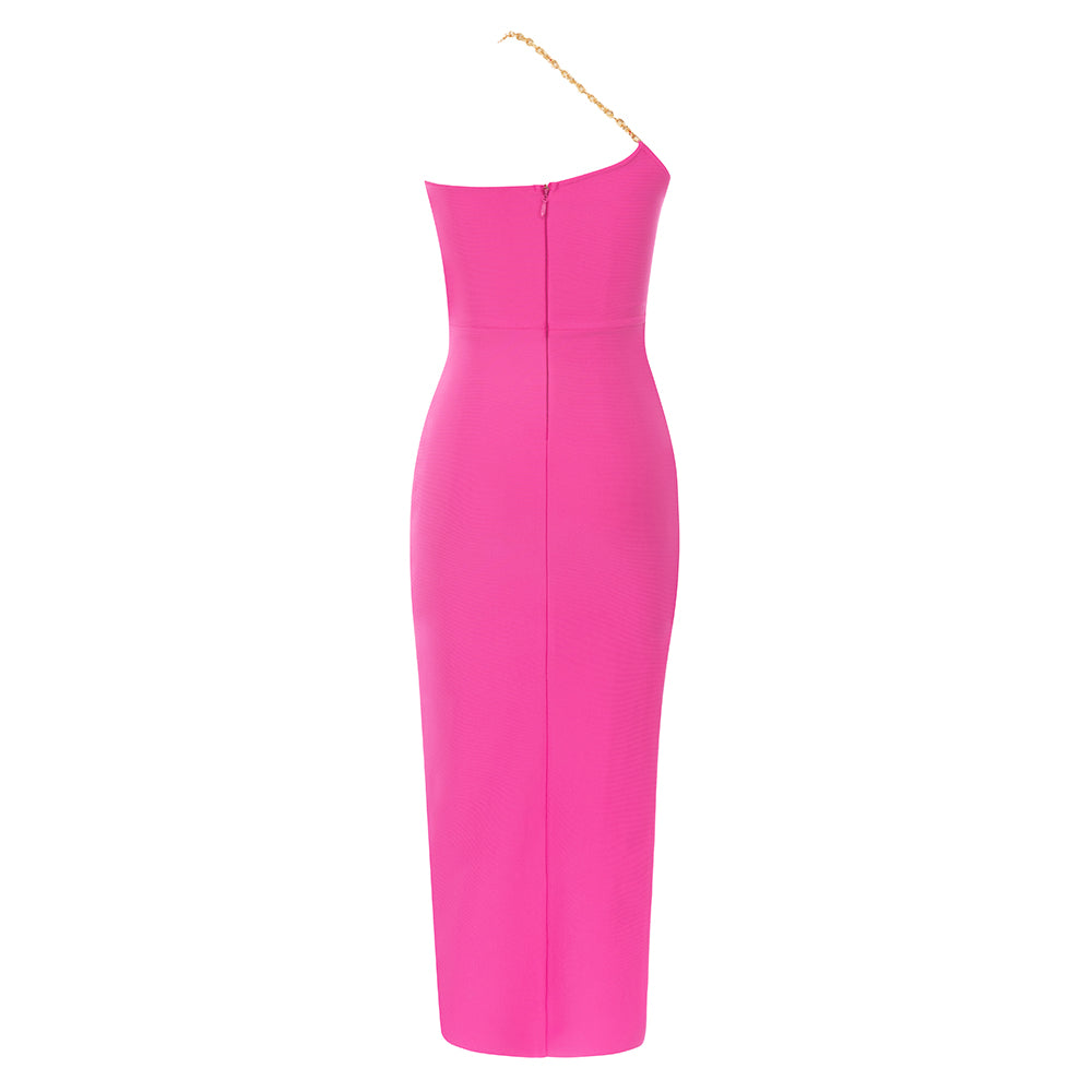 One Shoulder Chain Detail Maxi Dress Hot Pink HV9526