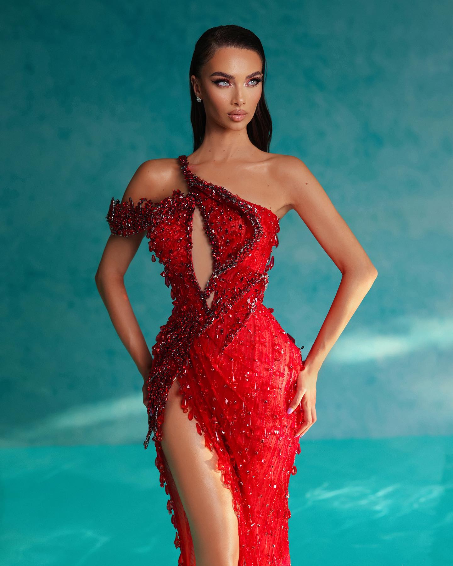 One Shoulder Crystal Sequin Maxi Dress Red HV1710