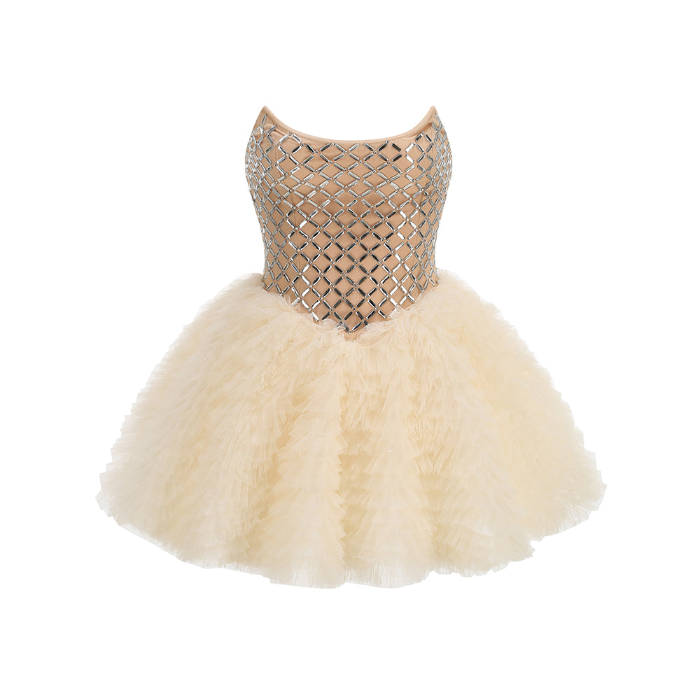 Strapless Embellished Ruffle A Line Dress Ivory HV3129
