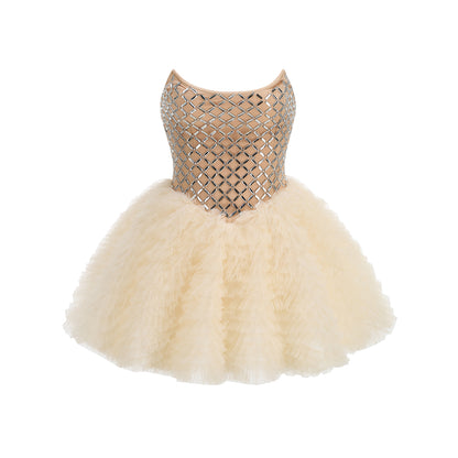 Strapless Embellished Ruffle A Line Dress Ivory HV3129
