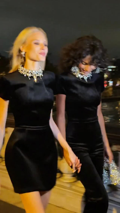 Short Sleeve Crystal Neckline Dress Black HV2724