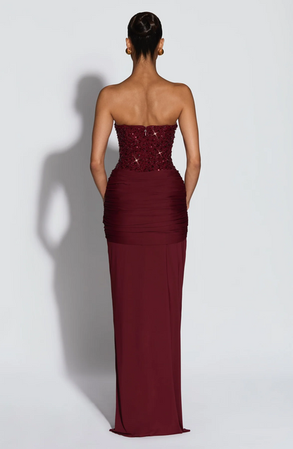 Strapless Sequin Draped Maxi Dress Red HV2813