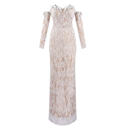 Long Sleeve Bardot Maxi Dress Nude HV2134