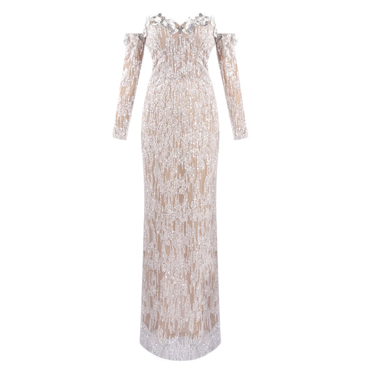 Long Sleeve Bardot Maxi Dress Nude HV2134