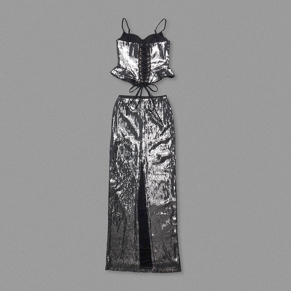 Sequin Peplum Corset Maxi Dress Black HV0045