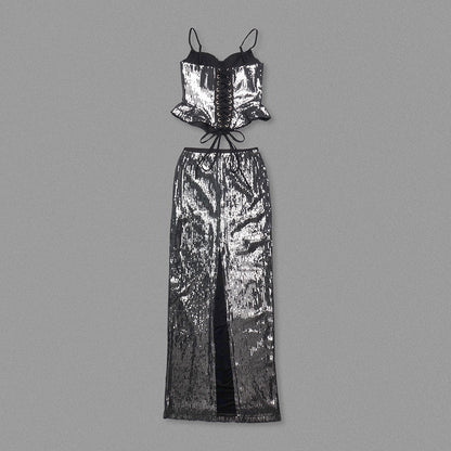 Sequin Peplum Corset Maxi Dress Black HV0045