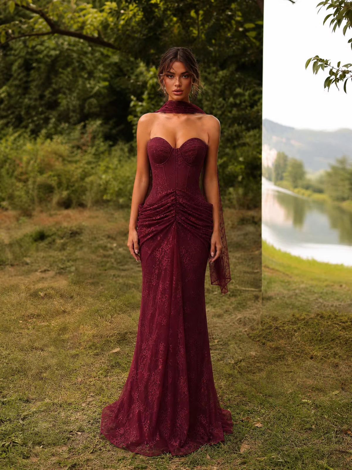 Strapless Draped Lace Bustier Maxi Dress Burgundy HV2706