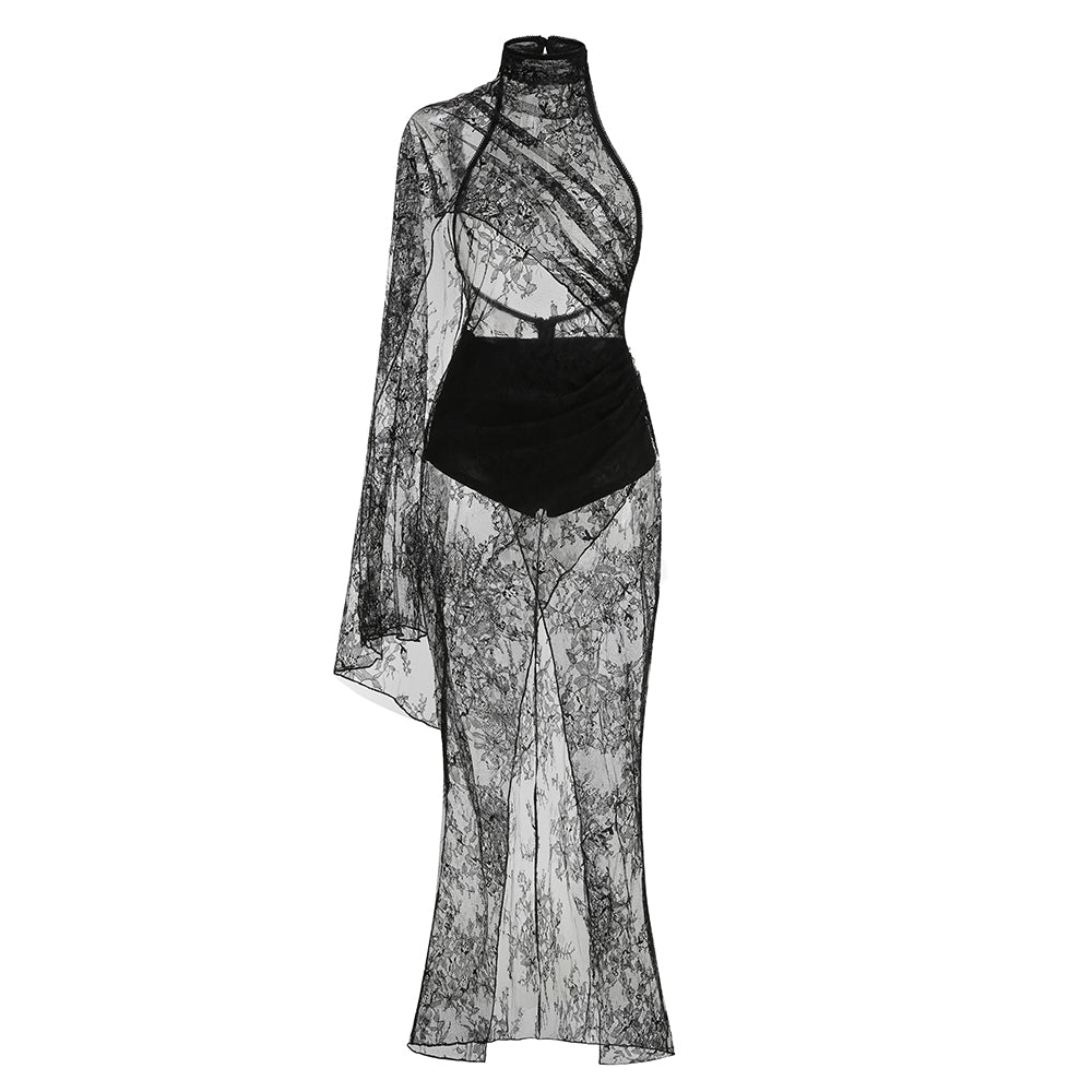 One Sleeve Draped Lace Maxi Dress Black HV3103