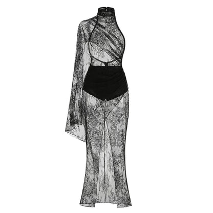 One Sleeve Draped Lace Maxi Dress Black HV3103