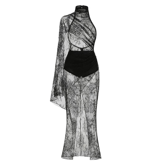 One Sleeve Draped Lace Maxi Dress Black HV3103