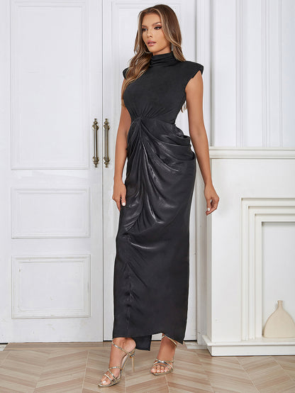 Cap Sleeve Draped Maxi Dress Black HV9749