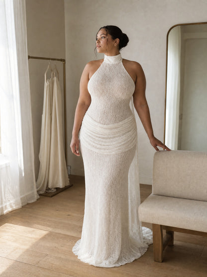 Halter Draped Lace Maxi Dress White HV0167