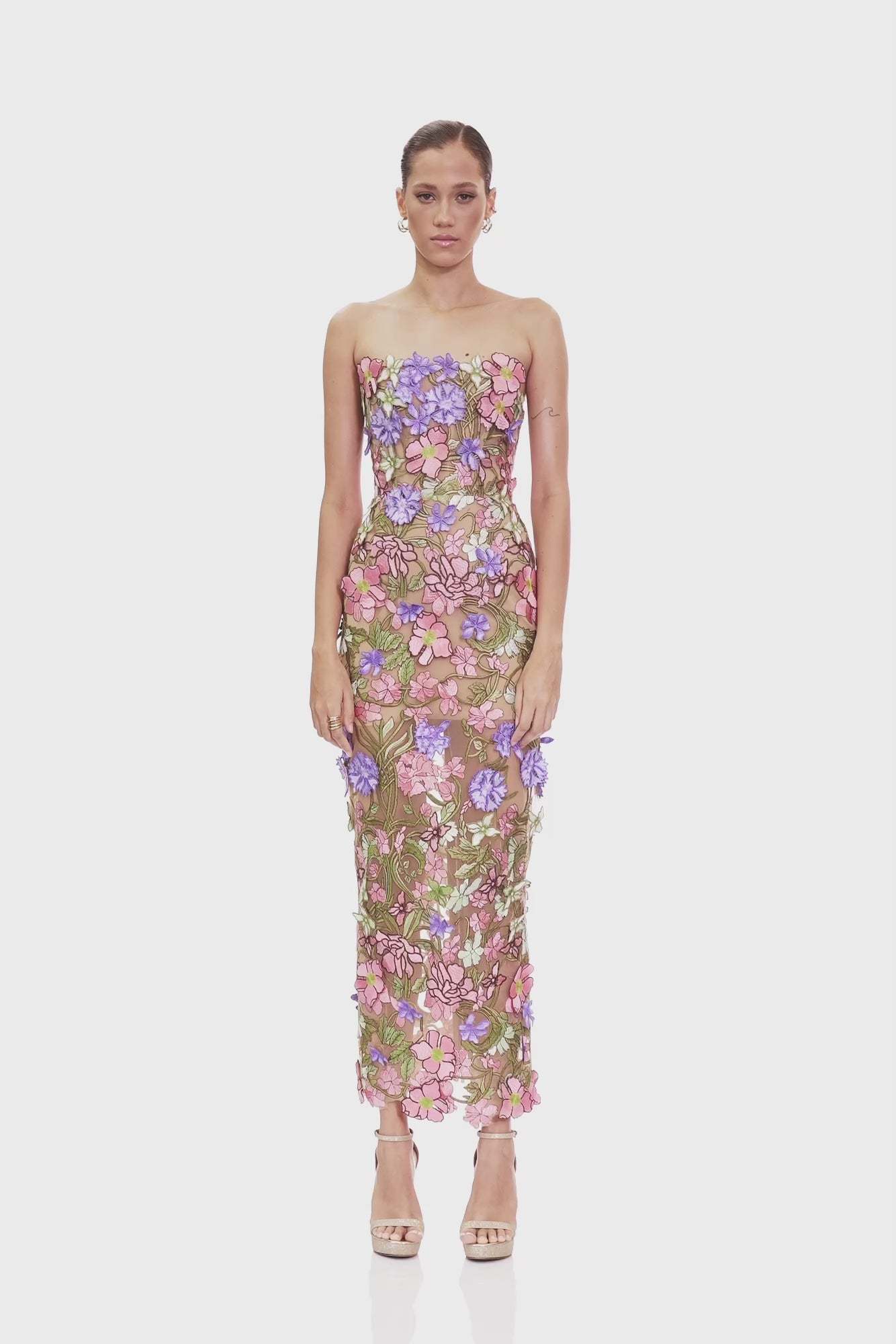 Strapless Floral Corset Maxi Dress Pink Green HV2883