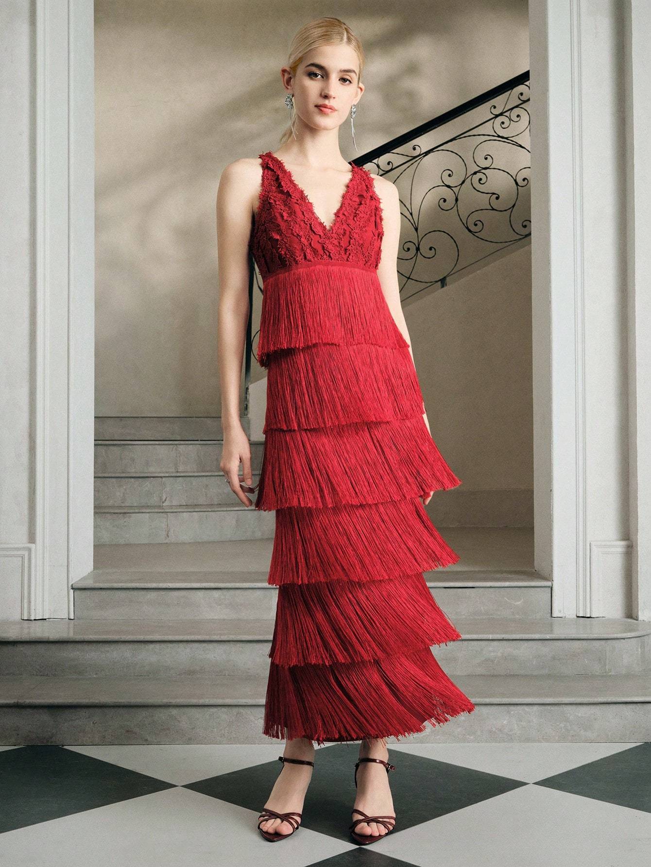 Lace Bustier Tassel Midi Dress Red HV2795