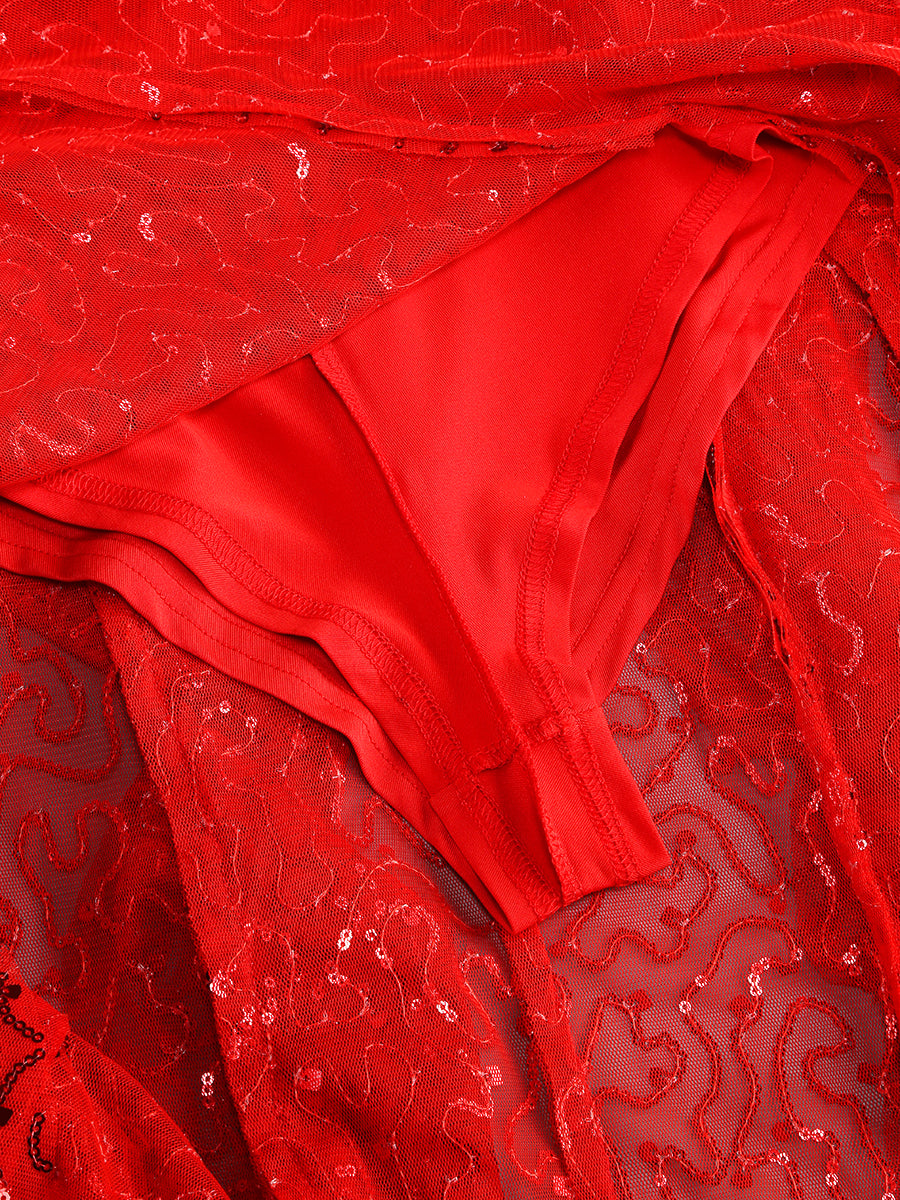 Bustier Sequin Ruffle Maxi Dress Red
