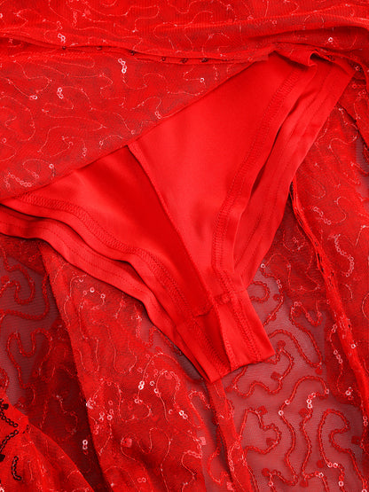 Bustier Sequin Ruffle Maxi Dress Red
