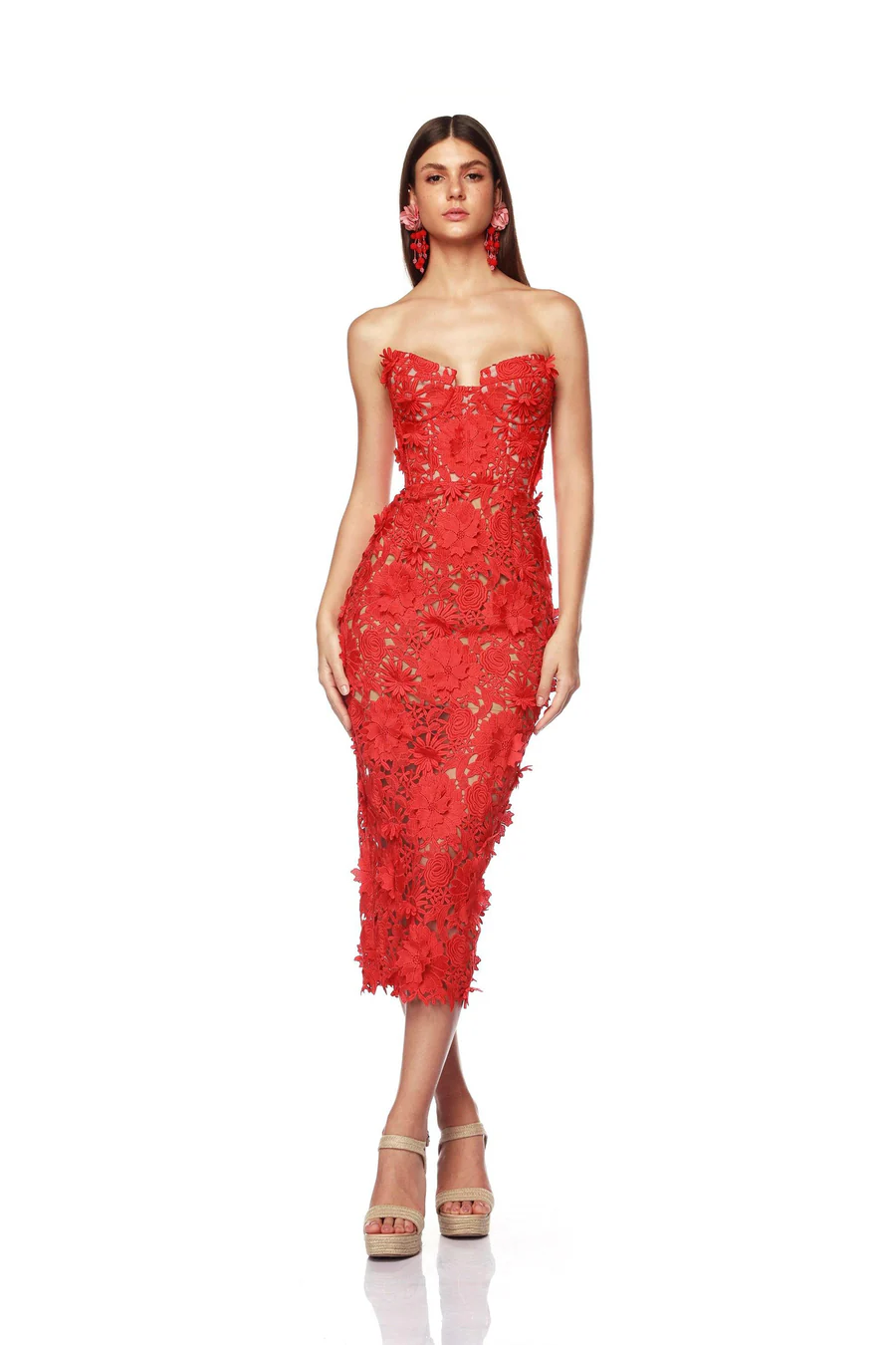 Strapless Bustier Floral Crochet Midi Dress Red HV1270