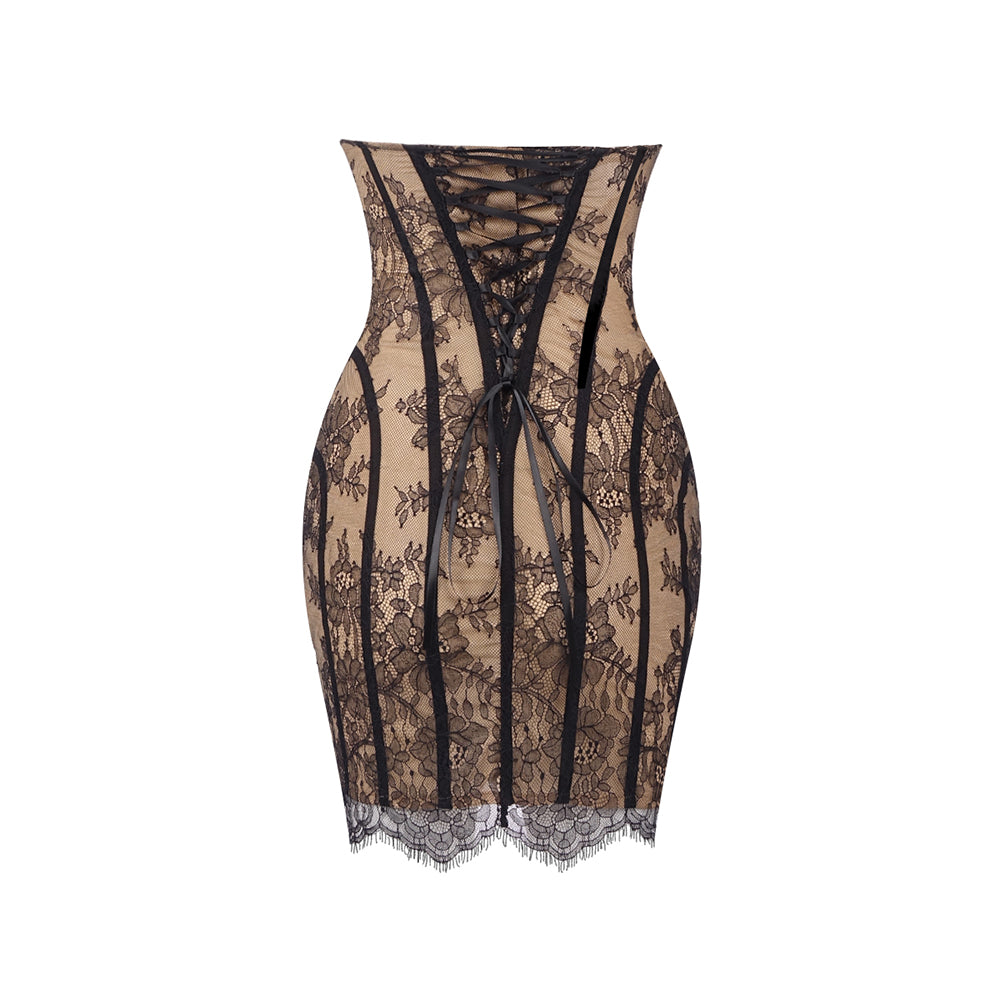 Strapless Lace Corset Dress Black Nude HV2684
