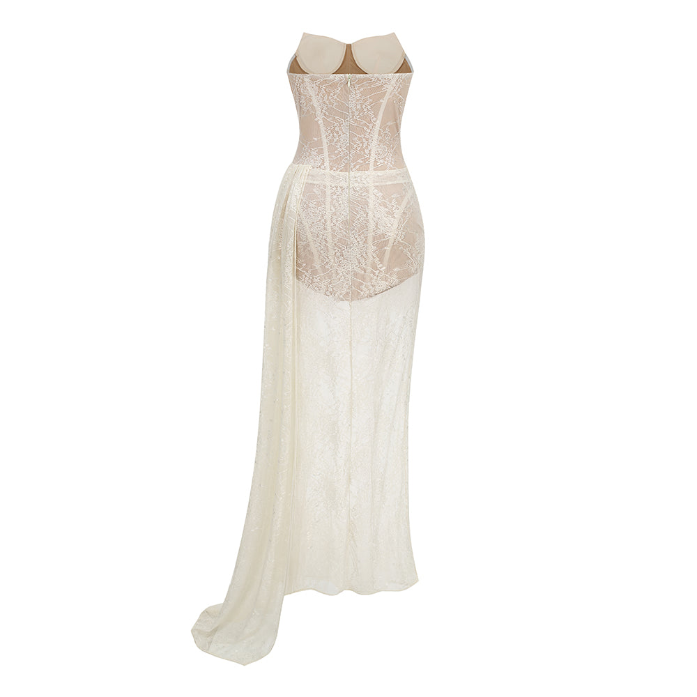 Strapless Draped Lace Bustier Maxi Dress Ivory HV3230