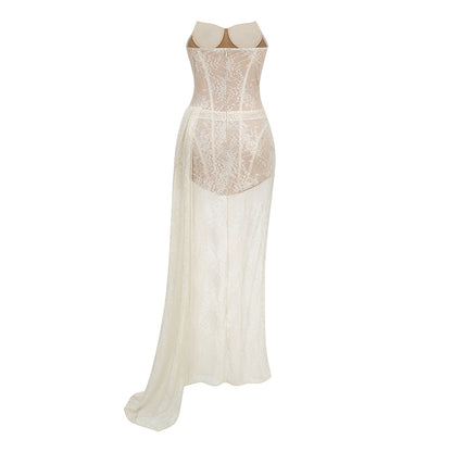 Strapless Draped Lace Bustier Maxi Dress Ivory HV3230