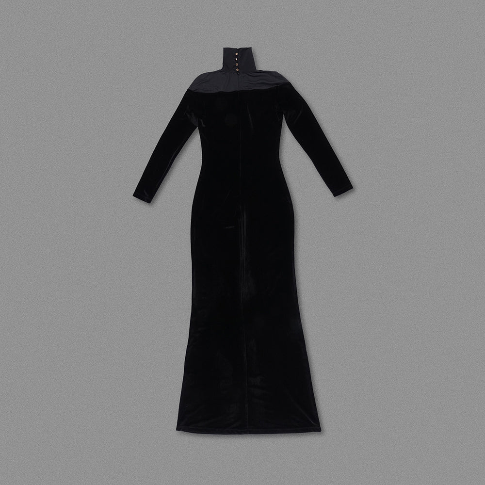 Long Sleeve Mesh Insert Maxi Velvet Dress Black HV0055