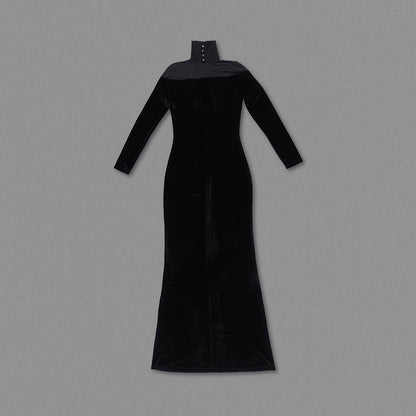 Long Sleeve Mesh Insert Maxi Velvet Dress Black HV0055