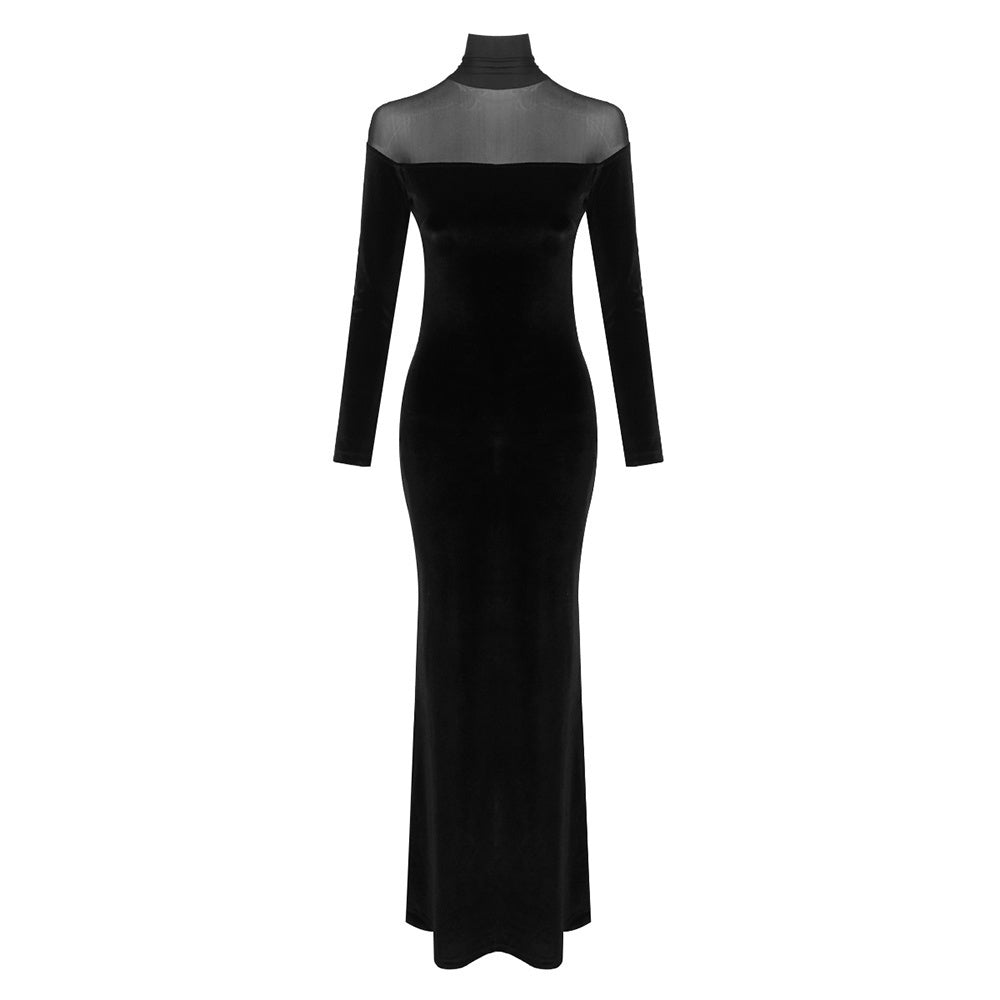 Long Sleeve Mesh Insert Maxi Velvet Dress Black HV0055