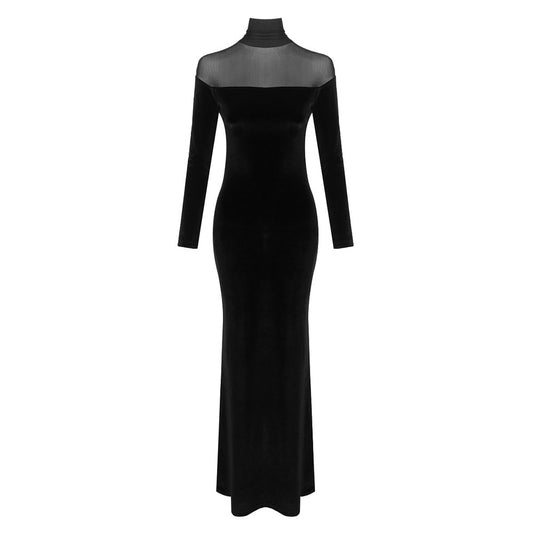 Long Sleeve Mesh Insert Maxi Velvet Dress Black HV0055