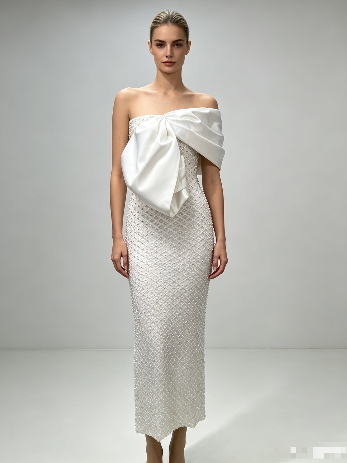 Draped Bardot Pearl Embellished Maxi Dress White HV3162