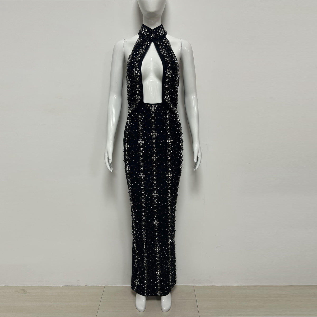Halter Crystal Cut Out Maxi Dress HV3082